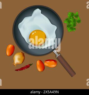 cooking fried eggs with tomatoes, peppers and parsley in a pan, vector illustration Stock Vector