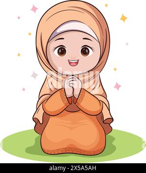 Muslim girl, sitting and praying, wearing Muslim fashion hijab. worship in the month of Ramadan Stock Vector