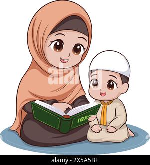 A Muslim mother is teaching reading the Koran to her son. illustration of activities in the month of Ramadan Stock Vector