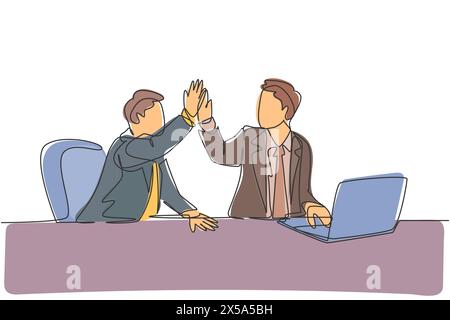 One line drawing of businessmen celebrating their successive target at the business meeting with high five gesture. Business deal concept continuous l Stock Vector