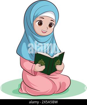 Muslim girl wearing Hijab Muslim clothing, reciting, reading Koran in the month of Ramadan Stock Vector