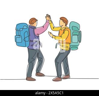 One line drawing of two young happy tourist carrying backpack to go to holiday and gives high five gesture. Backpacker traveling concept continuous li Stock Vector