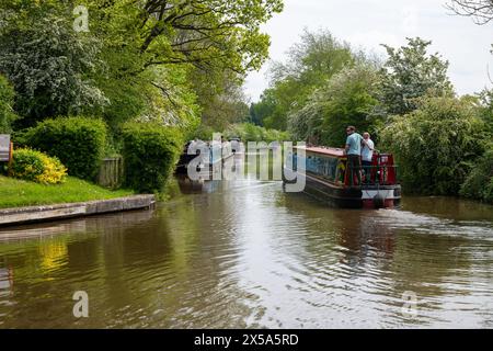 A hired narrowboat passes a number of moored narrowboats close to a marina on the Llangollen Canal in Shropshire. Stock Photo