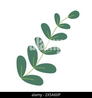 Little branch with green leaves over white background. Vector graphics. Artwork design element. Cartoon design for poster, icon, card, logo, label Stock Vector