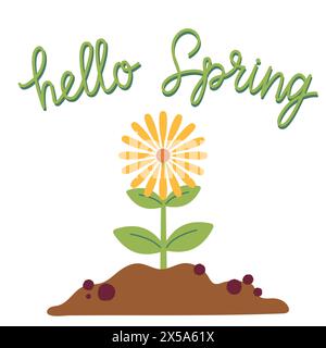 Hello spring card with blooming flower on white background. Gardening and welcome spring concept. Vector illustration for poster, icon, card, logo, la Stock Vector