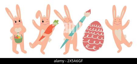 Easter bunny rabbits cartoon characters isolated on white background. Trendy Easter design. Flat vector illustration for poster, icon, card, logo, lab Stock Vector