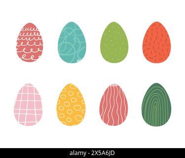 Cartoon cute Easter Eggs collection in pastel colors with different patterns. Isolated vector eggs. Vector illustration in flat style for greeting car Stock Vector