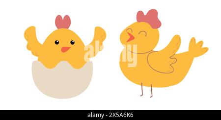 Easter little chicks cartoon character isolated on white background. Trendy Easter design. Flat vector illustration for poster, icon, card, logo, labe Stock Vector