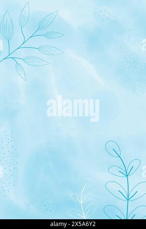 Watercolor light blue spring vertical abstract background, digital painting. Hand painted abstract watercolor background with flowers and leaves, vect Stock Vector