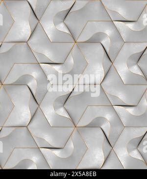 A seamless abstract geometric pattern featuring wavy lines intersected by thin gold lines on a grey background, creating a modern and luxurious textur Stock Photo