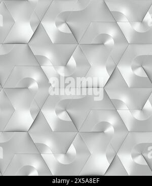 This image presents a seamless abstract pattern with a metallic silver finish and 3D geometric shapes creating an illusion of depth Stock Photo