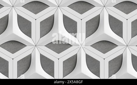An abstract geometric pattern with white shapes contrasted against a gray textured backdrop, suitable for backgrounds or wallpapers Stock Photo