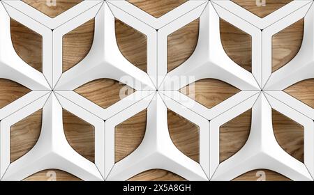 Seamless 3D geometric pattern tiles with white abstract shapes on a textured wood background Stock Photo
