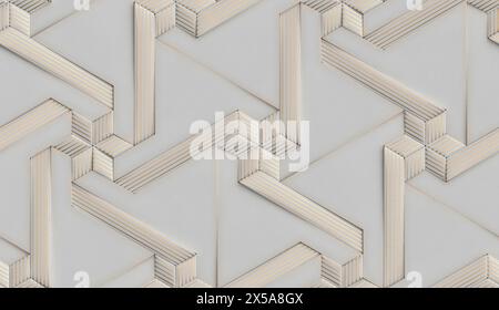 This 3D illustration presents a complex geometric modular structure reminiscent of origami kusudama, featuring rhombic shapes with a textured surface Stock Photo