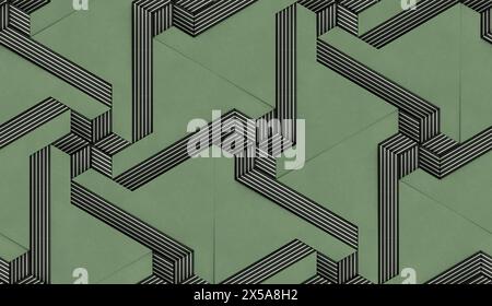 This 3D illustration features an abstract geomodule segmentary concept composed of kusudama-like shapes with a sage green and black color scheme, evok Stock Photo
