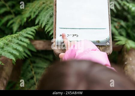 From above cropped unrecognizable female child's hand touching Braille text on an educational signpost during a family outing at a nature trail, with Stock Photo