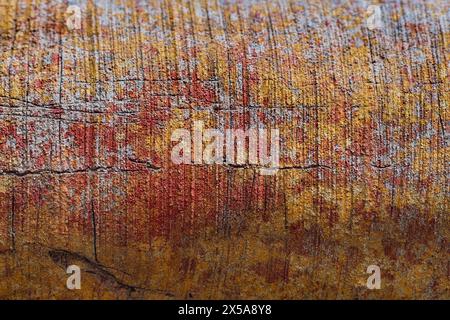 Close-up of a wooden trunk with cracked and peeling layers of red and yellow paint, showcasing texture and decay. Stock Photo