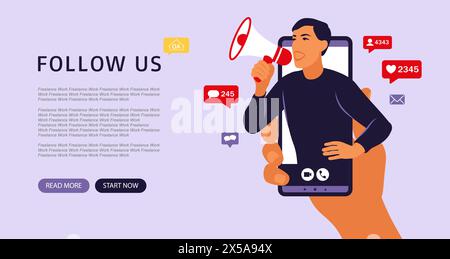 Hands holding smartphone with a man shouting in loud speaker. Influencer marketing, social media or network promotion. Landing page. Vector Stock Vector