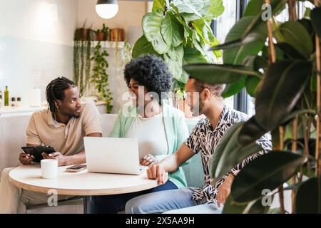 Three professionals collaborate around a laptop in a modern, plant-filled coworking environment, exchanging ideas and enjoying a friendly conversation Stock Photo