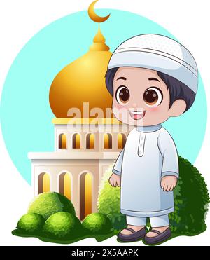 Happy Eid Mubarak, a Muslim boy wearing islamic clothing and a skullcap with a mosque Stock Vector