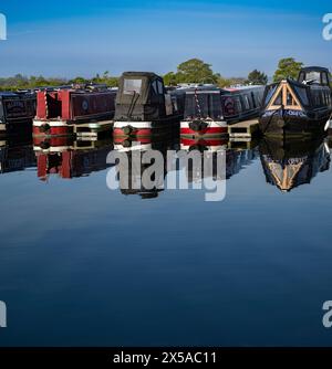 Dunchurch Pools Marina, Warwickshire, Oxford Canal – Summer morning  narrowboats in tranquil surroundings against a clear blue sky Stock Photo