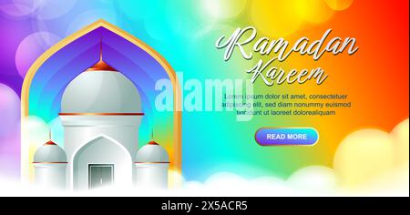 Colorful Ramadan Banner design, small mosque illustration with cloud Stock Vector