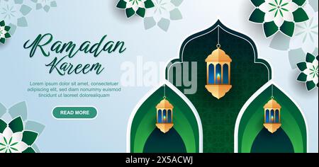 Simple green ramadan banner design, decorated with islamic arch and lantern Stock Vector