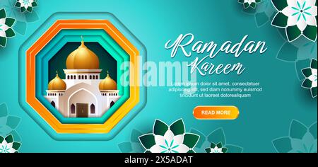 Ramadan kareem banner, eid al-fitr background design with turquoise color Stock Vector