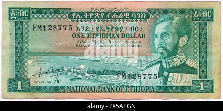 Ethiopia 1970s, One Ethiopian Dollar banknote with Emperor Haile Selassie portrait, recto, East Africa, Stock Photo