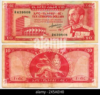 Ethiopia 1970s, Ten Ethiopian Dollars banknote, recto and verso both sides, East Africa, Stock Photo