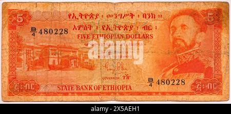 Ethiopia 1970s, Five Ethiopian Dollars banknote with Emperor Haile Selassie portrait, recto, East Africa, Stock Photo