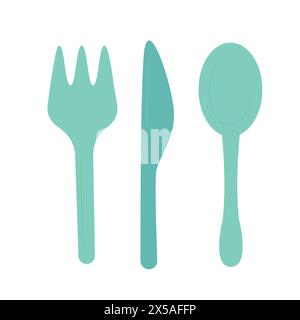 Fork, spoon, knife. Illustration of set cutlery for serving in flat style isolated on white background, kitchen elements for eating. Vector illustrati Stock Vector