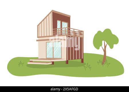 Modular home. Wooden eco-friendly modular house. New modular housing concept. Modular homes exterior design Stock Vector