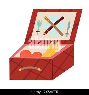 Red picnic basket illustration. Opened food hamper bag with dishes and food. Flat vector illustration isolated on white background for web design, ban Stock Vector
