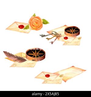 Vintage letters and navigation tools. Composition of a compass, key and envelope. Writing set watercolor illustration in for print on , stickers, trav Stock Photo