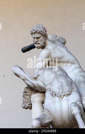 Florence, Italy - Sep 09 2023: Marble statue of cain slaying outside palazzo vecchio. Stock Photo