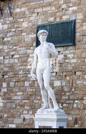 Florence, Italy - Sep 09 2023: Replica statue of David outside palazzo vecchio. Stock Photo