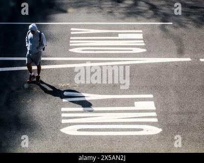 Thermoplastic lane markings on the  pavement in the New York neighborhood of Chelsea on Wednesday, April 24, 2024.  (© Richard B. Levine) Stock Photo