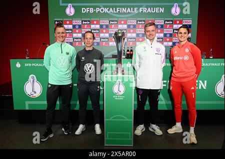 Cologne, Germany. 08th May, 2024. Marina Hegering (player VfL Wolfsburg, 31), Sabrina Eckhoff (assistant coach VfL Wolfsburg), the DFB Women's Cup, Alexander Straus (coach FC Bayern Munich), Jovana Damnjanovic (player FC Bayern Munich, 09), l-r, pose at the final press conference before the DFB Women's Cup Final 2024 Credit: Horst Galuschka/dpa/Horst Galuschka dpa/17�Թ����� Live News Stock Photo