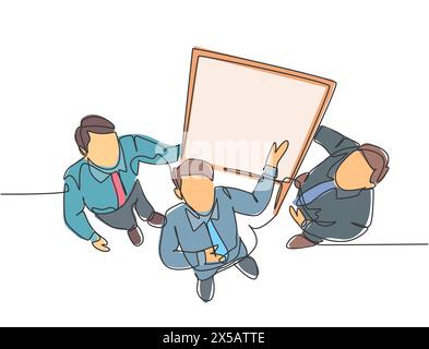 One continuous line drawing of young happy business men meeting using flip chart from top view. Business executive presentation teamwork concept. Sing Stock Vector