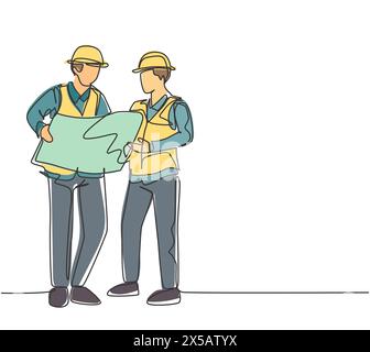 One continuous line drawing of young architect explaining building design blueprint to contractor. Construction business planning concept. Modern sing Stock Vector
