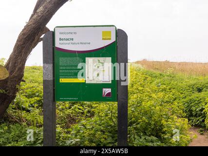 Sign welcoming visitors to the Benacre National Nature Reserve. Covehithe, Benacre, Suffolk. UK. Stock Photo