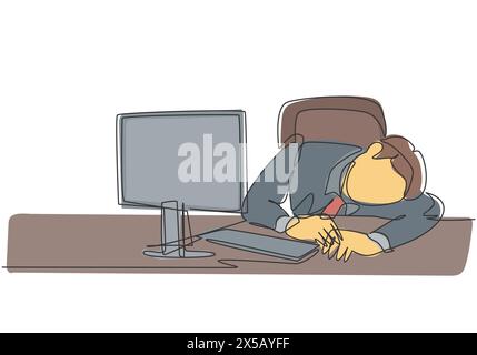 Single continuous line drawing of young sleepy startup CEO fall asleep on work desk while he was reading. Work overload fatigue at the office concept Stock Vector