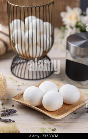 Serene spa setting with lavender and bath accessories Stock Photo