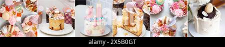 Collage with beautiful traditional orthodox cakes decorated with glaze, meringues, chocolate, nuts, toffees, eggs and bunny hairs Stock Photo