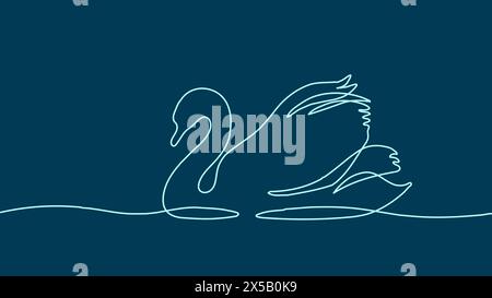 One continuous line swan bird on water surface in line art drawing style. Black ink linear sketch. Print swan outline black and white vector Stock Vector