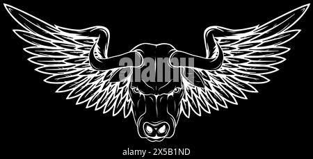 white silhouette of cow wing on black background vector illustration, Winged cow ancient emblems elements Stock Vector