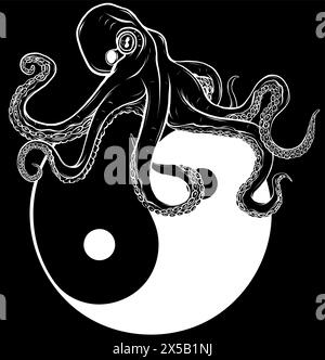 white silhouette of octopus on black background. Vector illustration in cartoon style Stock Vector