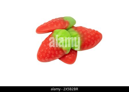 Jelly strawberry candies isolated on a white background. Top view. Delicious gelatin candies. Stock Photo