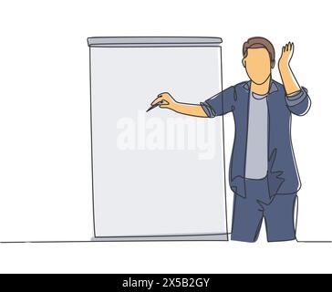 One continuous line drawing of young presenter pointing finger on audience who want to ask while doing presentation. Workshop presentation concept sin Stock Vector